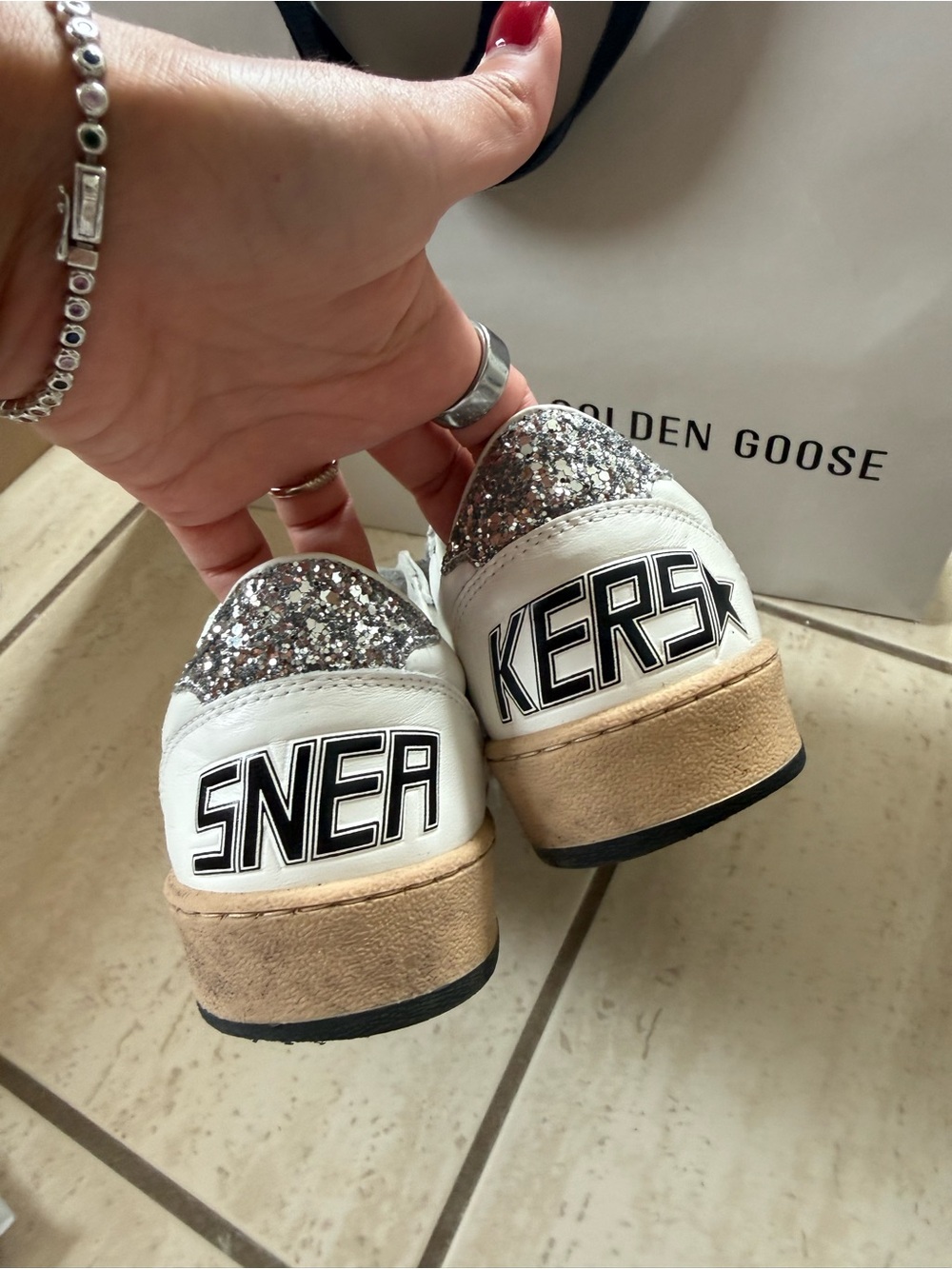 Golden Goose White Leather Sneakers with Silver Glitter Heel Accents - Picture 3 of 6